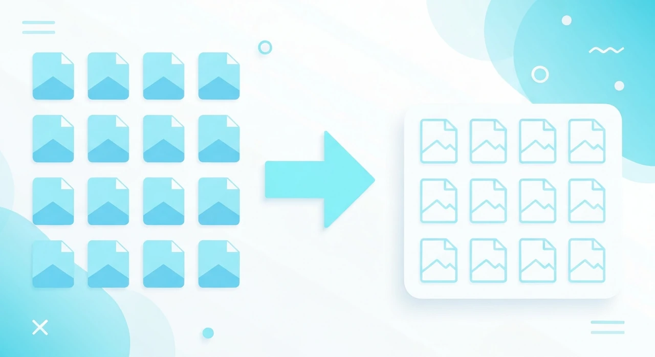 A grid of HEIC photo icons on the left with a conversion arrow pointing to a grid of JPG photo icons on the right, illustrating batch conversion