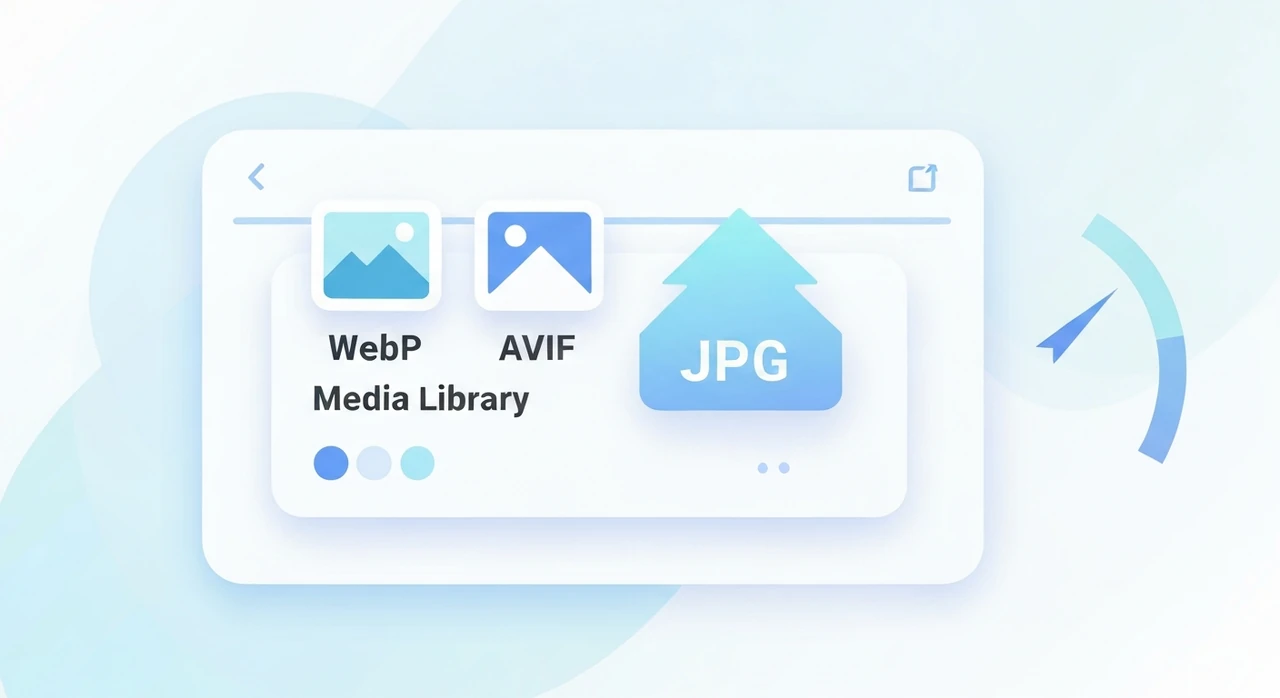 A stylized media-library upload interface with WebP, AVIF, and JPG file icons and a performance gauge