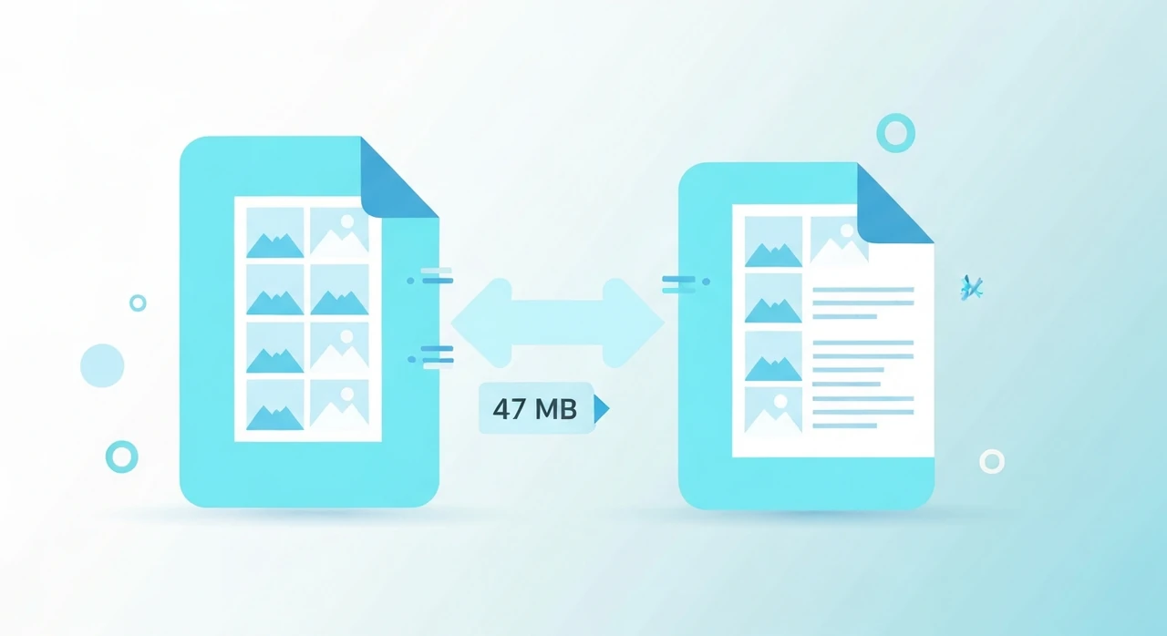 A large PDF file icon being compressed to a smaller version with images being reduced inside the document preview