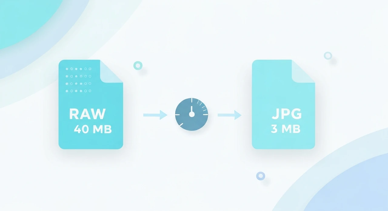 A RAW file icon with a large size label next to a JPG file icon showing a much smaller size and a 'ready to publish' badge