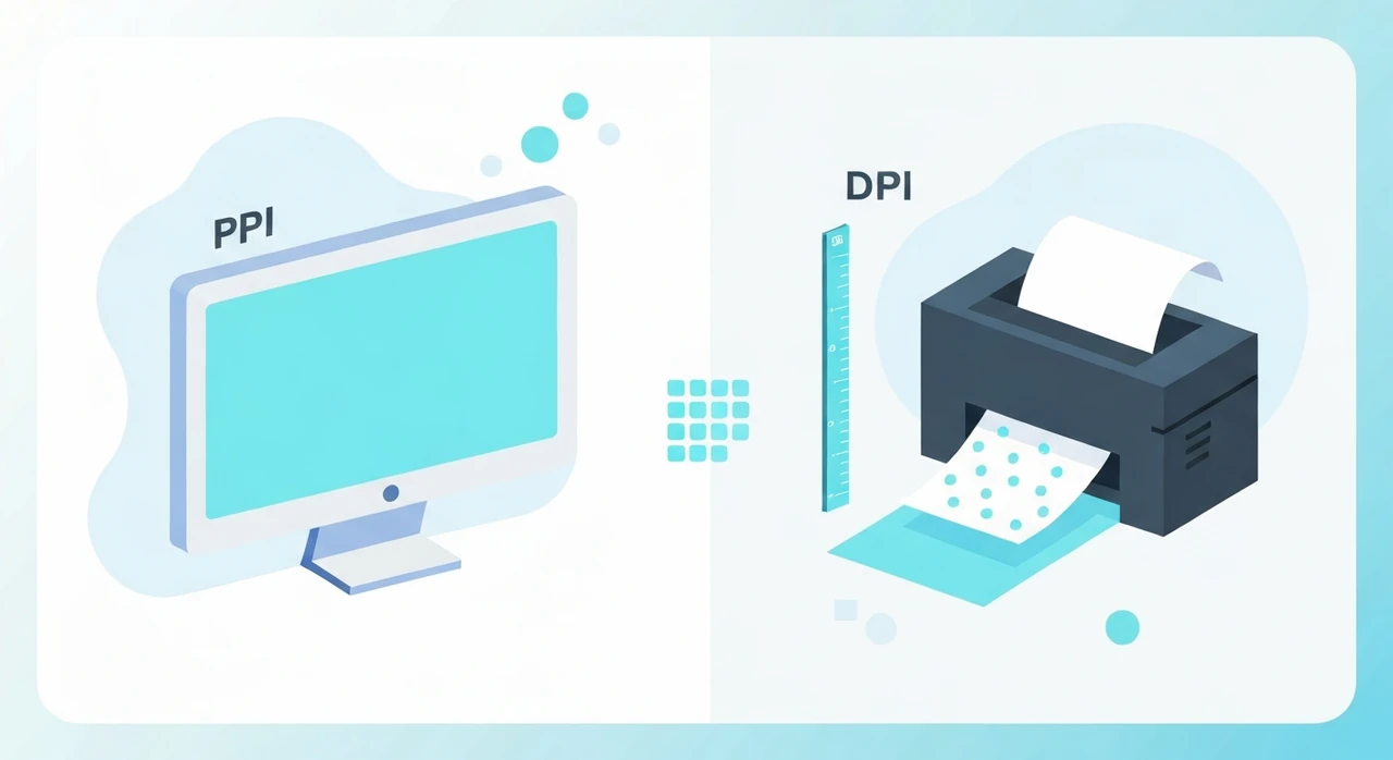A diagram showing a pixel grid with an inch ruler alongside, contrasted with a print head spraying dots on paper
