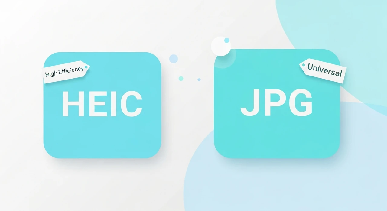Side-by-side comparison of a HEIC file icon (smaller, with 'High Efficiency' label) and a JPG file icon (larger, with 'Universal' label)