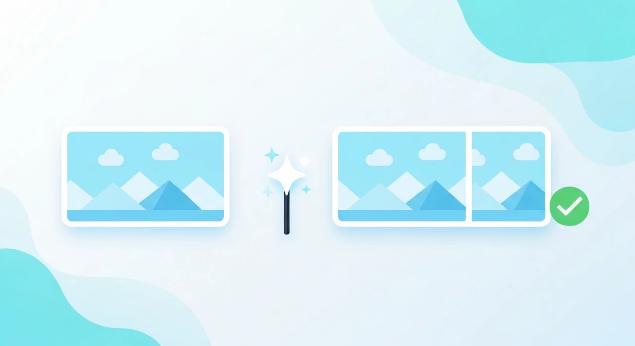 An image being optimized — original on the left, a magic-wand effect in the middle, and an equally crisp but smaller version on the right with a green checkmark