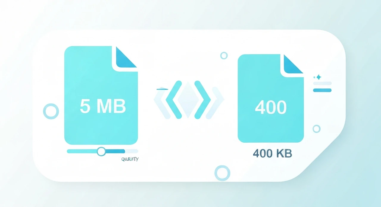 A large 5 MB JPG file icon being shrunk to 400 KB with a quality slider and resize dimensions shown on the side