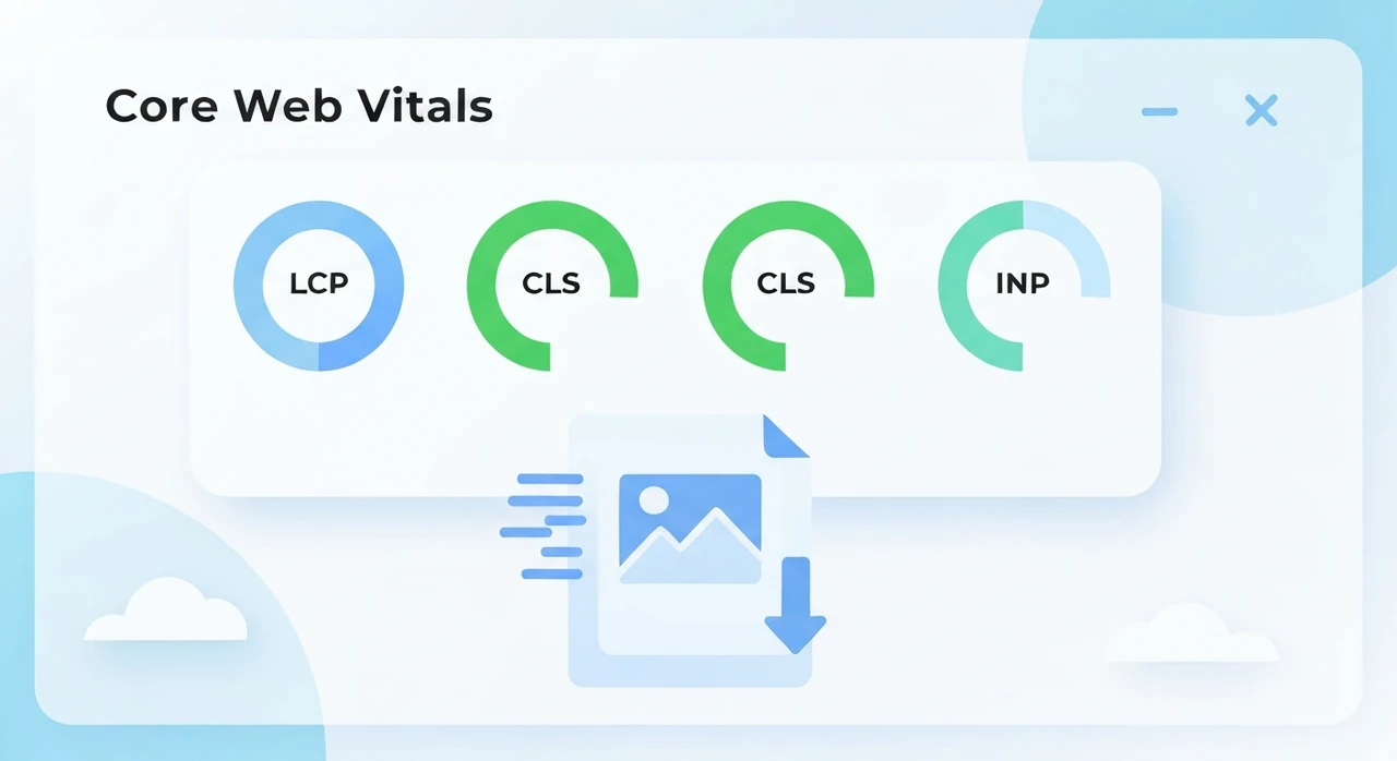 A Core Web Vitals dashboard showing green LCP, CLS, and INP scores with an image-file icon in the foreground