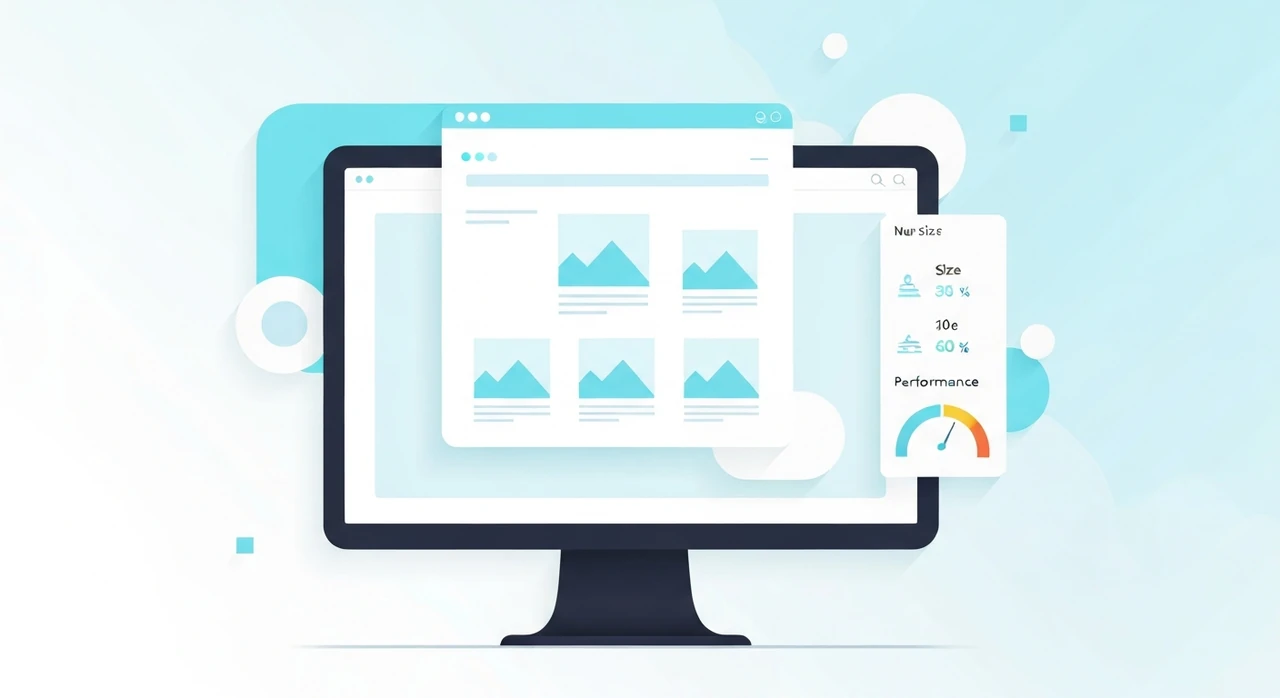 A stylized email client showing a newsletter with properly sized images, next to an annotated diagram of dimensions and file sizes
