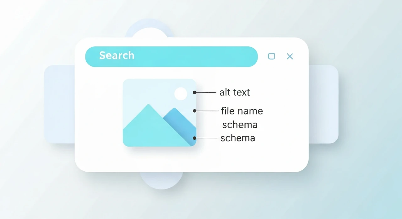 An illustration of a search-result page with an image thumbnail, alt text annotation, and schema.org markup indicators next to each other