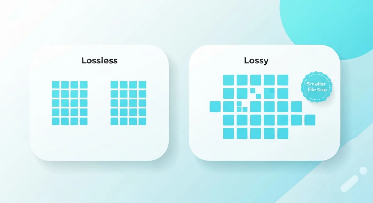 Side-by-side pixel grids comparing lossless preservation versus lossy reduction, with a 5% file-size badge on the lossy side