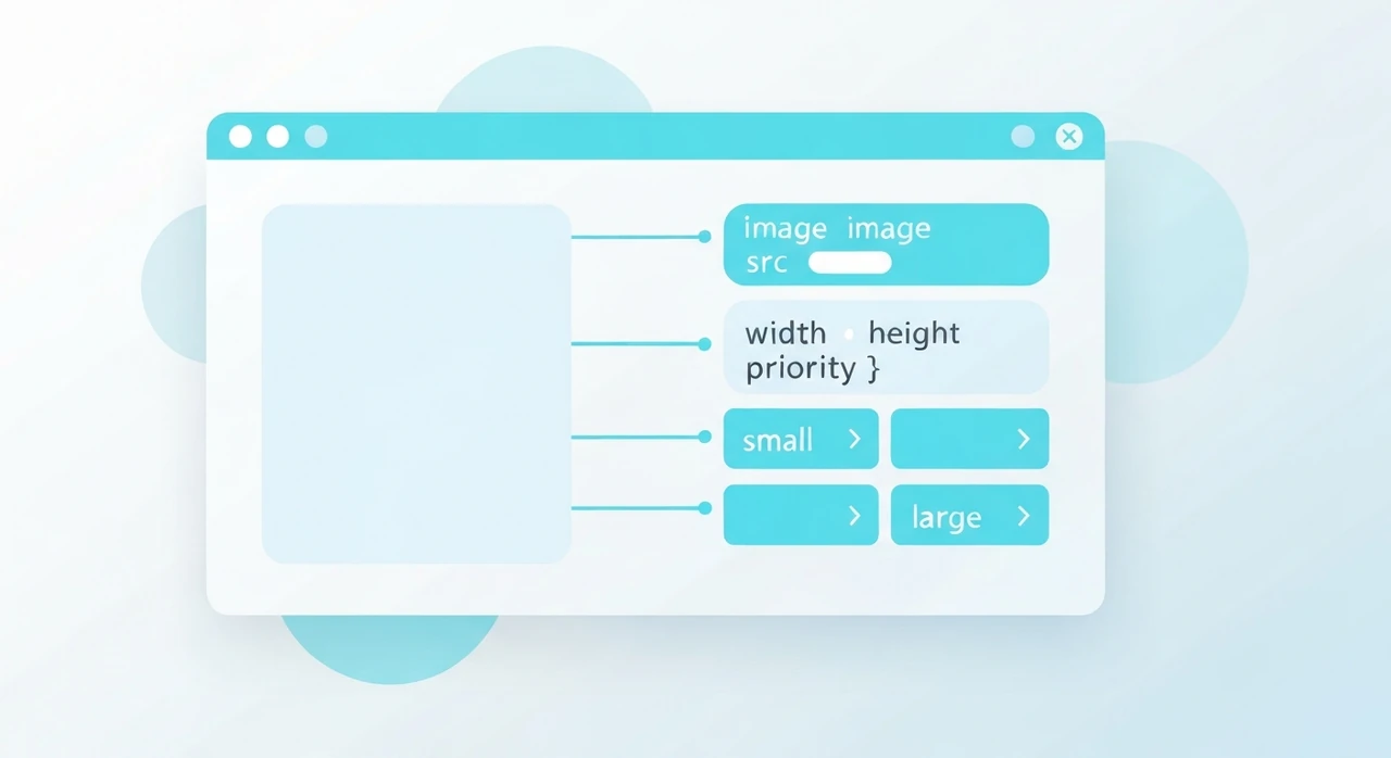A Next.js Image component illustrated with its inputs (src, width, height, priority) and outputs (optimized image, srcset, AVIF/WebP negotiation)