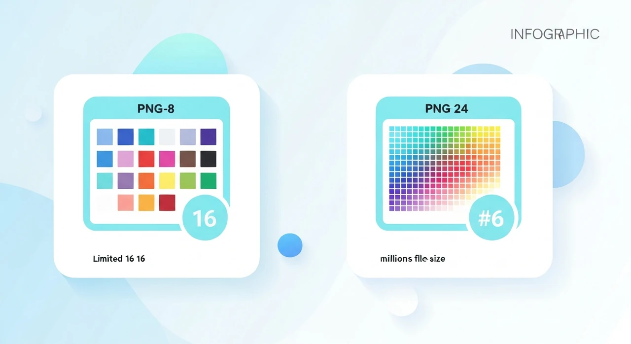 Side-by-side comparison of a PNG-8 palette (16 colors, small file) and a PNG-24 full-color file (millions of colors, larger file) with simple geometric shapes