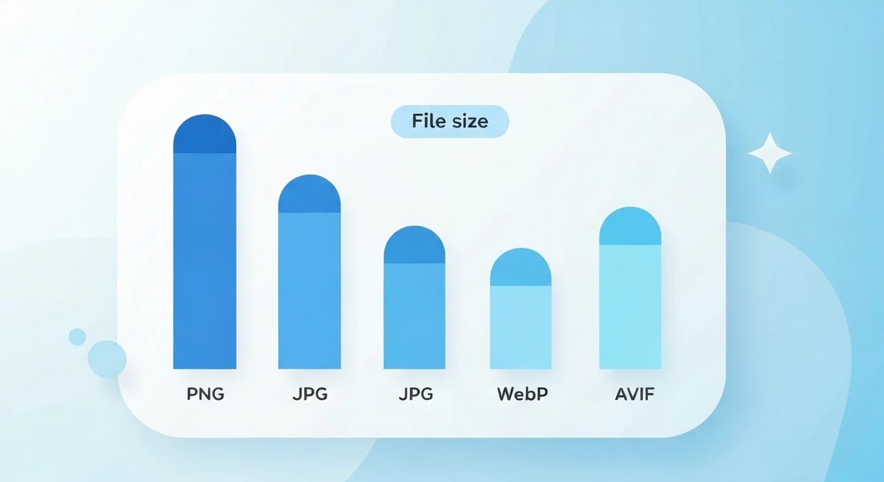 Bar chart comparing PNG, JPG, WebP, and AVIF file sizes — PNG largest, AVIF smallest