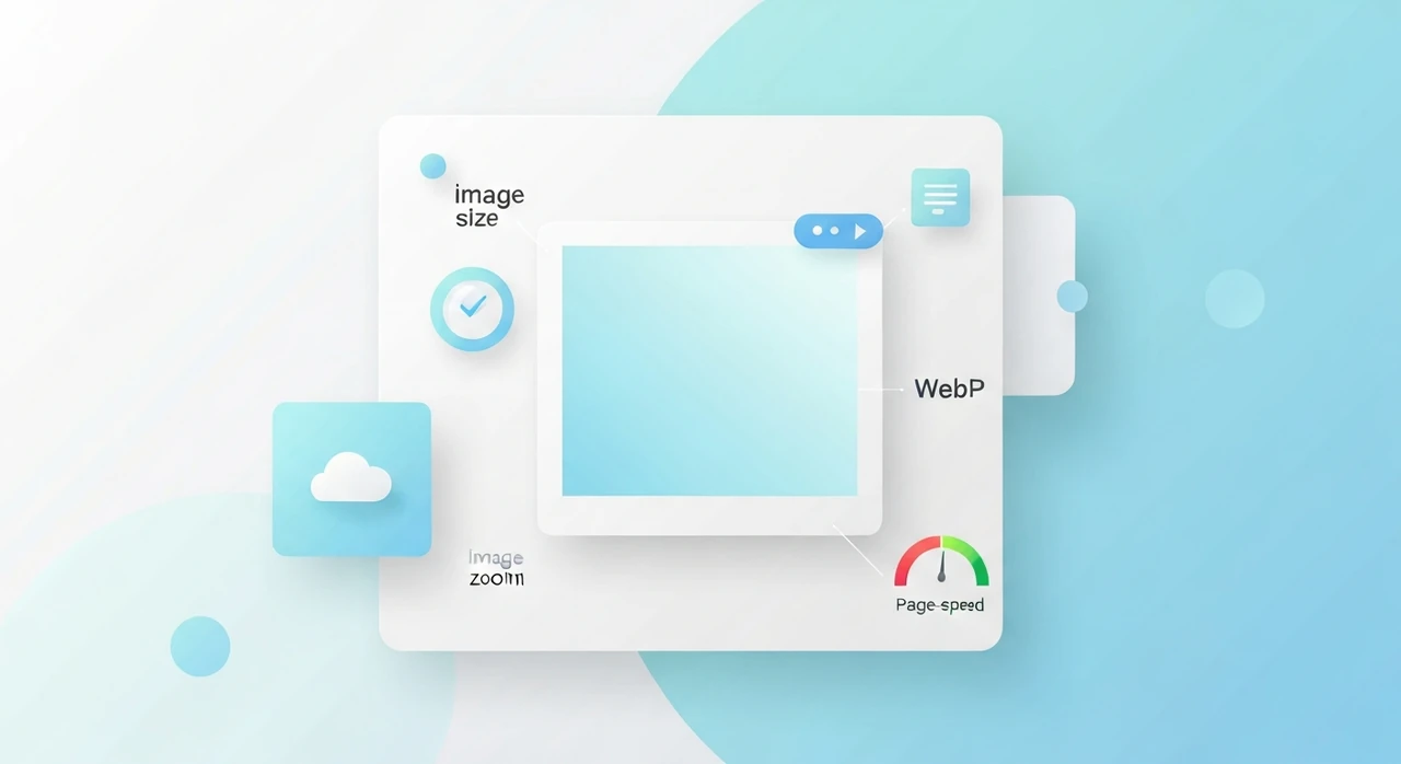 An e-commerce product page mockup with three images at different zoom levels, with file-size badges and a page-speed gauge on the side