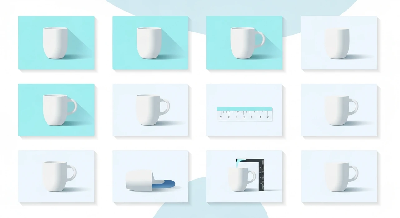 A product photograph on a clean white background next to an annotated diagram showing key elements like framing, lighting angle, and detail focus areas