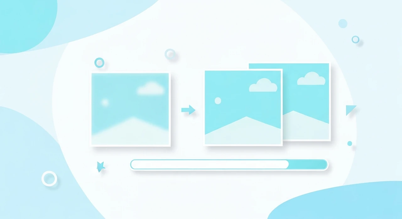 A sequence of three frames showing a photograph loading: first a blurry low-resolution preview, then a medium-resolution pass, then the final sharp image