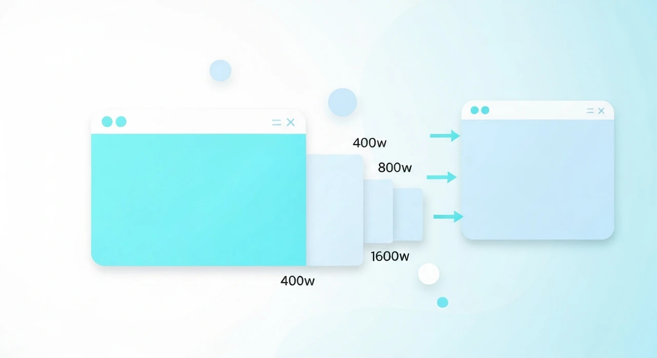A diagram showing three rectangles of different sizes labeled '400w', '800w', '1600w' feeding into an img tag, with a browser picking the right one based on viewport