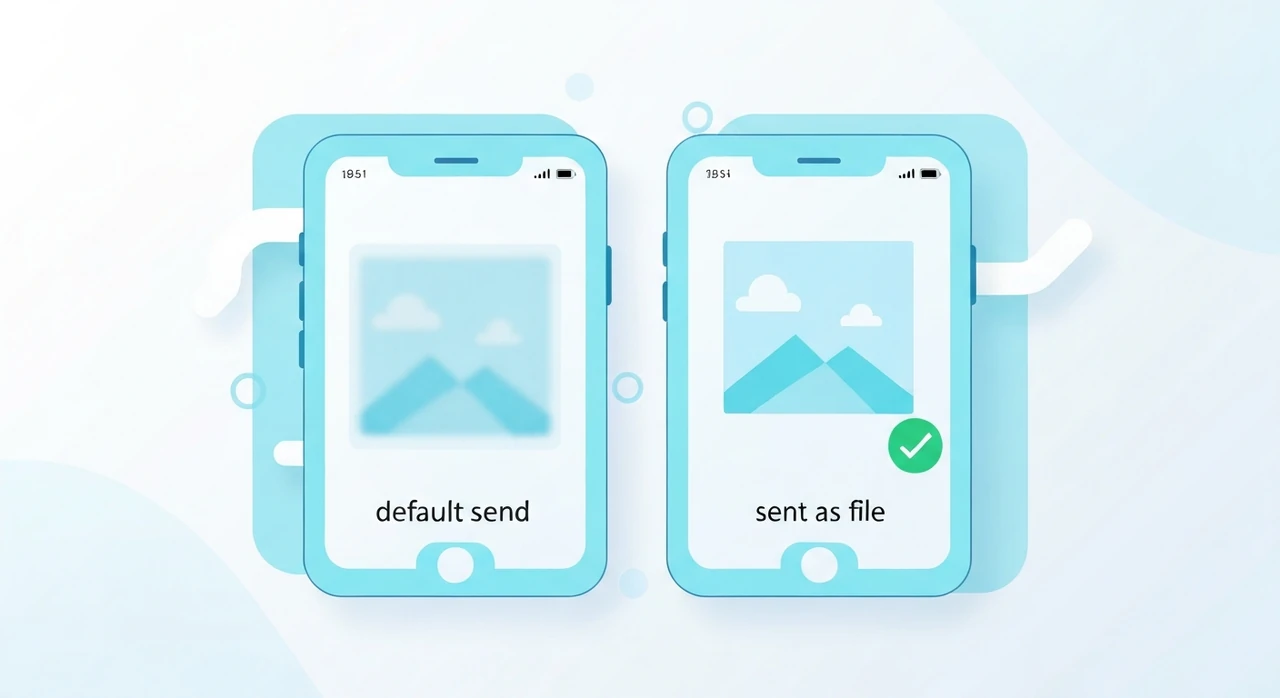 Two phone screens side by side — one showing a compressed blurry photo after default sharing, one showing a crisp photo sent as a file attachment