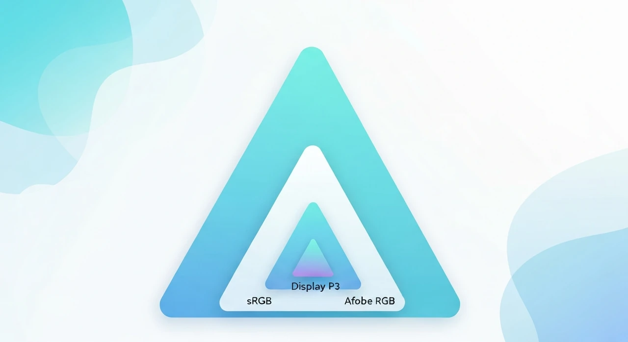 A visual chromaticity diagram showing the sRGB, Display P3, and Adobe RGB color gamuts overlaid as differently sized triangles