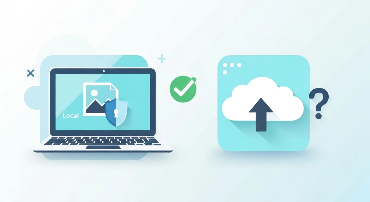 Split illustration: a laptop processing an image locally with a 'Local' shield on the left, versus a cloud upload arrow with a question mark on the right