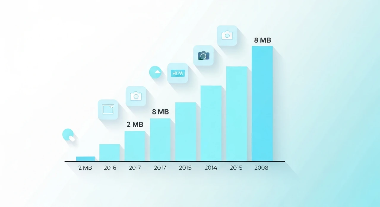A chart showing iPhone photo file size growing over the years, from 2 MB on iPhone 6 to 8 MB on iPhone 15 Pro, with breakdown of contributing factors