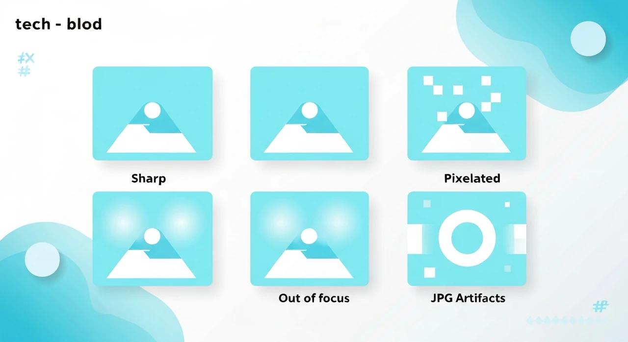 A photograph shown in four variants: crisp original, pixelated upscaled, JPG-artifacted, out-of-focus, and motion-blurred