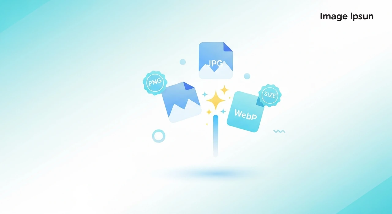 Three image file icons (PNG, JPG, WebP) being processed and shrunk with a sparkle effect