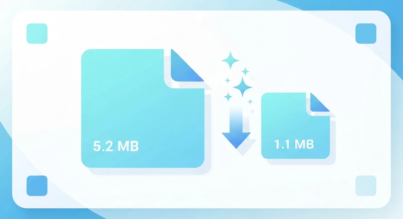 Two PNG file icons: a large 5.2 MB original on the left and a smaller 1.1 MB compressed version on the right, with a downward arrow between them