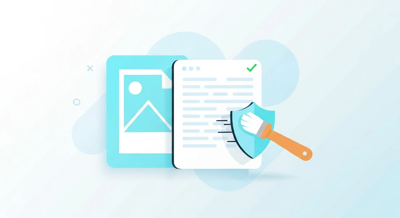 A photograph icon with a side panel of metadata fields being cleared away by a stylized eraser or shield