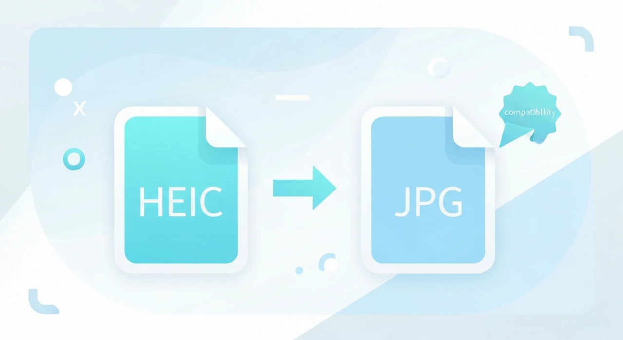 An iPhone HEIC file icon on the left and a universal JPG file icon on the right with a conversion arrow between them