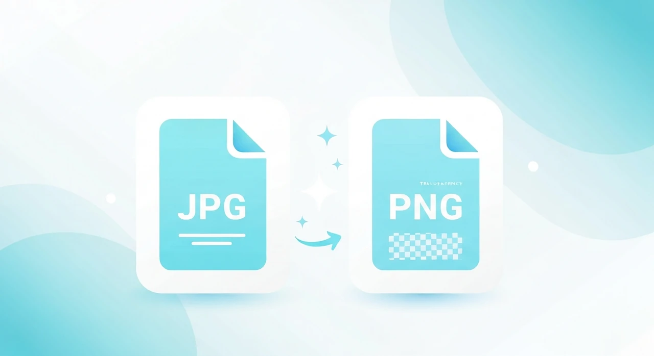 A JPG file icon on the left, an arrow with sparkles in the middle, and a PNG file icon on the right
