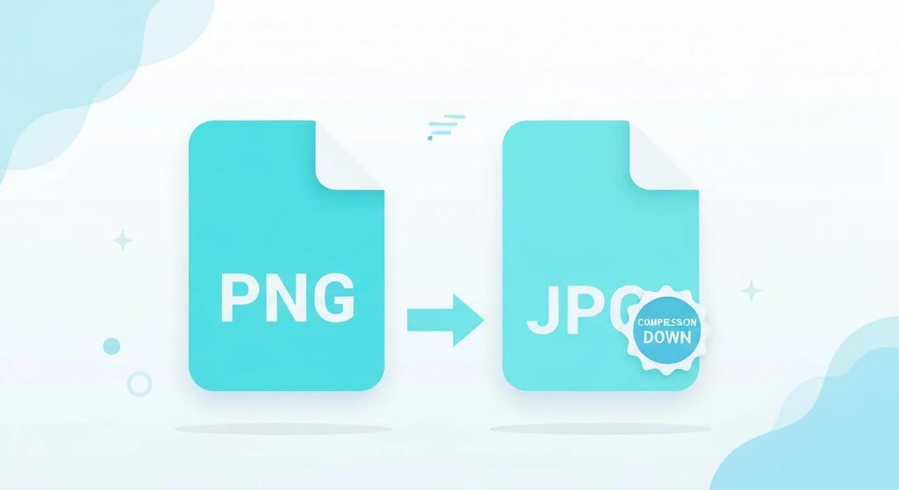 A PNG file icon on the left and a smaller JPG file icon on the right with a conversion arrow and a compression badge