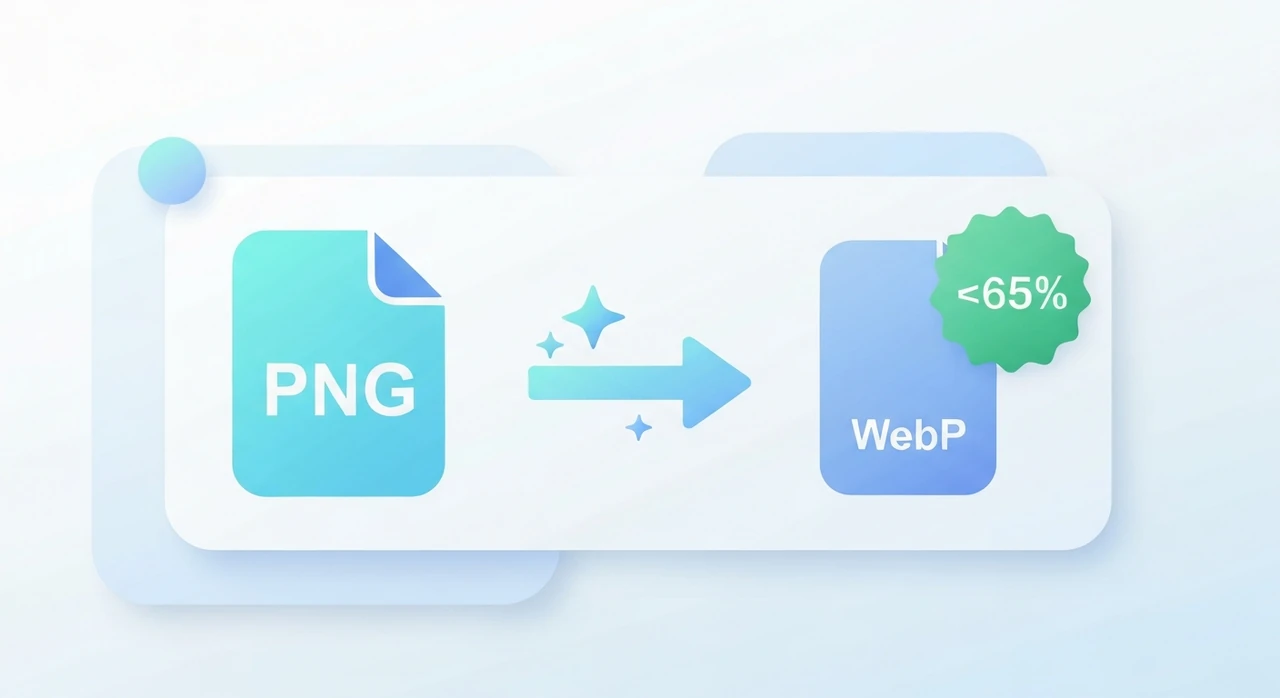 A PNG file icon on the left and a smaller WebP file icon on the right with a savings badge between them