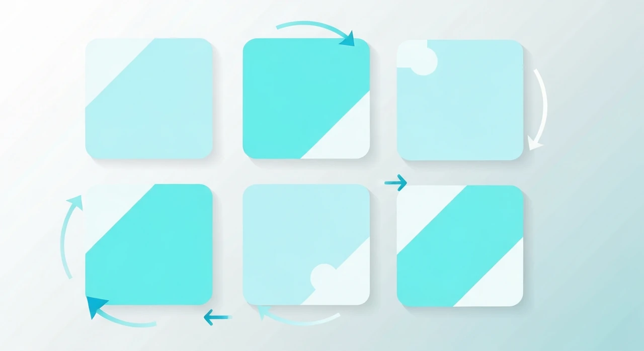 An image tile shown in four rotated and flipped variants, with curved arrows showing the rotation and mirror operations