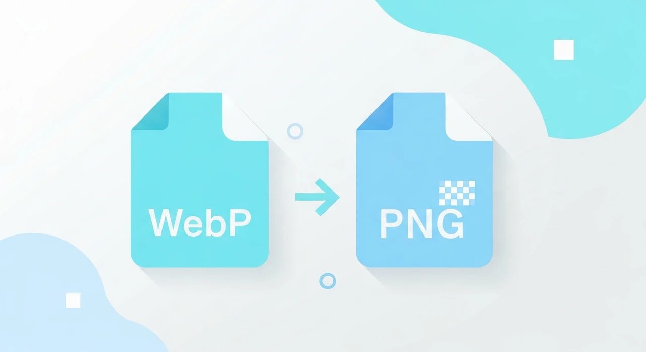 A WebP file icon on the left and a PNG file icon on the right, with a preserved-transparency symbol in the middle